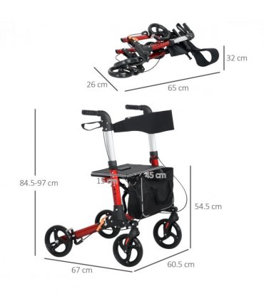 HOMCOM Folding Rollator Walker w/ Seat Storage Bag Adjustable Handle for Seniors