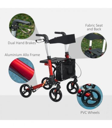 HOMCOM Folding Rollator Walker w/ Seat Storage Bag Adjustable Handle for Seniors