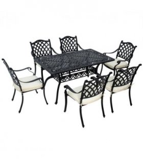 Patio Dining Set Aluminium Black Cream White w/ Umbrella Hole & Cushion