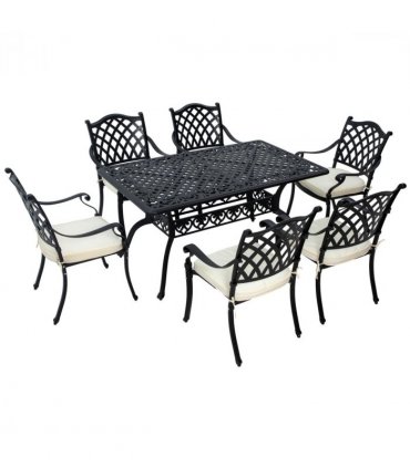 Patio Dining Set Aluminium Black Cream White w/ Umbrella Hole & Cushion
