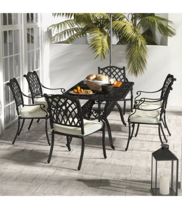 Patio Dining Set Aluminium Black Cream White w/ Umbrella Hole & Cushion