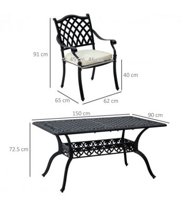 Patio Dining Set Aluminium Black Cream White w/ Umbrella Hole & Cushion