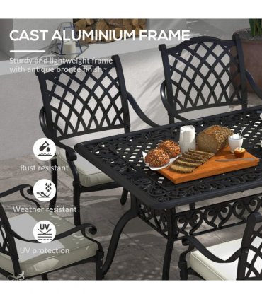 Patio Dining Set Aluminium Black Cream White w/ Umbrella Hole & Cushion