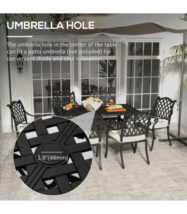 Patio Dining Set Aluminium Black Cream White w/ Umbrella Hole & Cushion