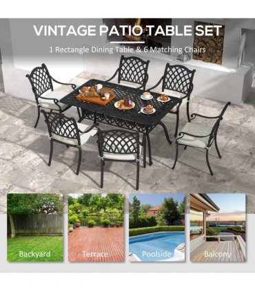 Patio Dining Set Aluminium Black Cream White w/ Umbrella Hole & Cushion