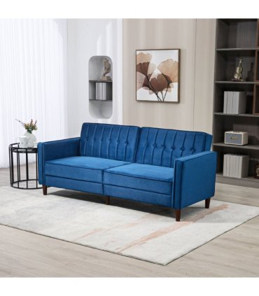 HOMCOM Convertible Sofa Futon Velvet-Touch Tufted Couch Sofa Bed Split Back Blue