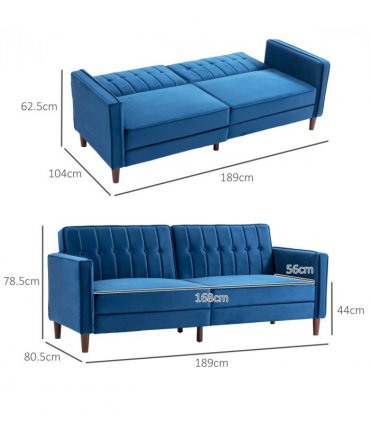 HOMCOM Convertible Sofa Futon Velvet-Touch Tufted Couch Sofa Bed Split Back Blue