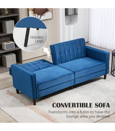 HOMCOM Convertible Sofa Futon Velvet-Touch Tufted Couch Sofa Bed Split Back Blue