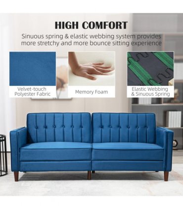 HOMCOM Convertible Sofa Futon Velvet-Touch Tufted Couch Sofa Bed Split Back Blue