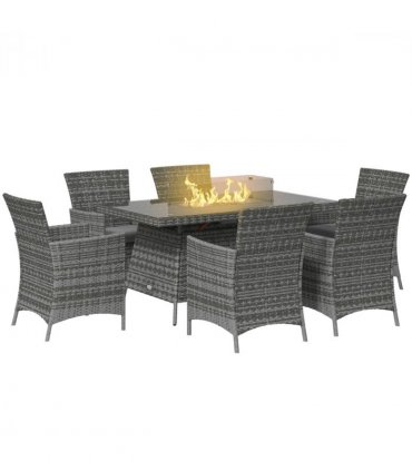 Outsunny PE Rattan Dining Set with Fire Pit Table and Cushioned Armchairs, Grey
