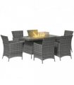 Outsunny PE Rattan Dining Set with Fire Pit Table and Cushioned Armchairs, Grey