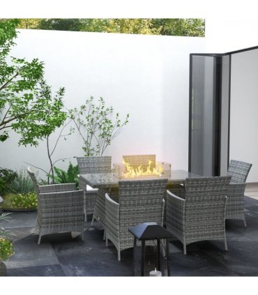Outsunny PE Rattan Dining Set with Fire Pit Table and Cushioned Armchairs, Grey