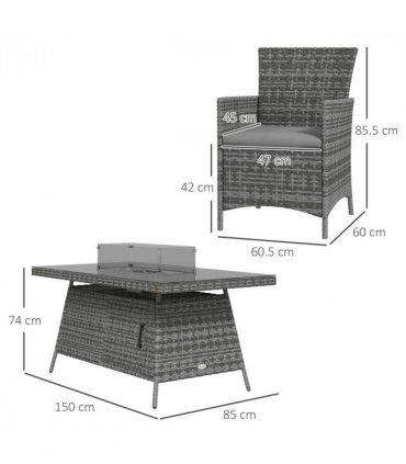Outsunny PE Rattan Dining Set with Fire Pit Table and Cushioned Armchairs, Grey