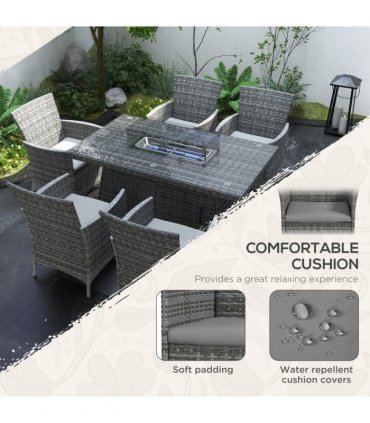 Outsunny PE Rattan Dining Set with Fire Pit Table and Cushioned Armchairs, Grey