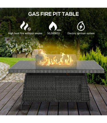 Outsunny PE Rattan Dining Set with Fire Pit Table and Cushioned Armchairs, Grey