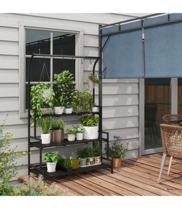 Outsunny 3 Tiered Plant Rack Stand with Hanging Hooks for Indoor Outdoor Use