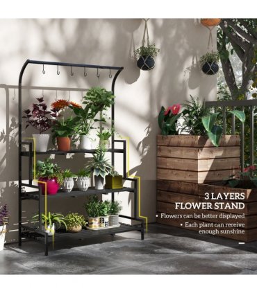 Outsunny 3 Tiered Plant Rack Stand with Hanging Hooks for Indoor Outdoor Use