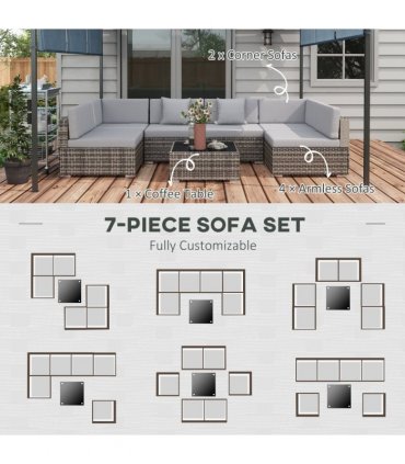 Garden Furniture Set 7PC Rattan Grey Galvanised Steel PE Rattan Polyester Glass