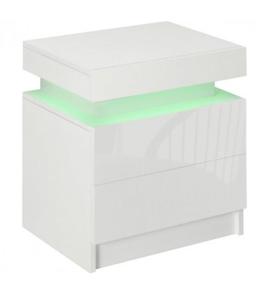 HOMCOM White Bedside Table, High Gloss Front Nightstand w/ LED Light, 2 Drawers