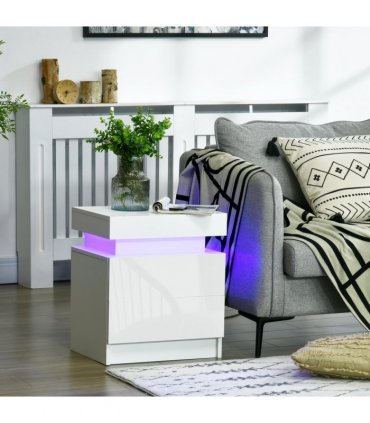 HOMCOM White Bedside Table, High Gloss Front Nightstand w/ LED Light, 2 Drawers