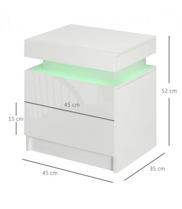 HOMCOM White Bedside Table, High Gloss Front Nightstand w/ LED Light, 2 Drawers