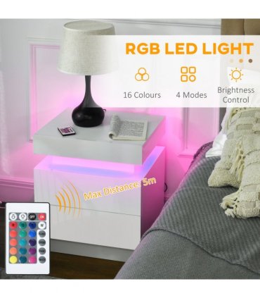 HOMCOM White Bedside Table, High Gloss Front Nightstand w/ LED Light, 2 Drawers