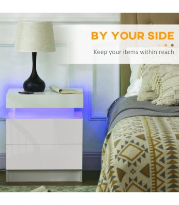 HOMCOM White Bedside Table, High Gloss Front Nightstand w/ LED Light, 2 Drawers