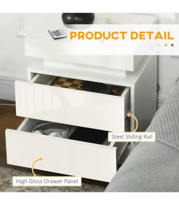 HOMCOM White Bedside Table, High Gloss Front Nightstand w/ LED Light, 2 Drawers