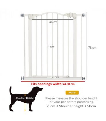 PawHut 74-80cm Adjustable Metal Pet Gate Safety Barrier w/ Auto-Close White