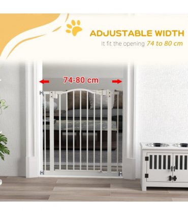 PawHut 74-80cm Adjustable Metal Pet Gate Safety Barrier w/ Auto-Close White