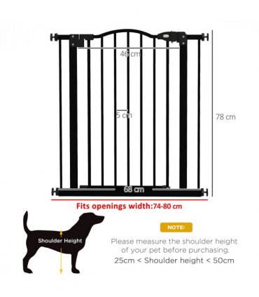 PawHut 74-80cm Adjustable Metal Pet Gate Safety Barrier w/ Auto-Close Black