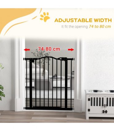 PawHut 74-80cm Adjustable Metal Pet Gate Safety Barrier w/ Auto-Close Black