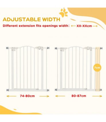 PawHut 74-87cm Adjustable Metal Pet Gate Safety Barrier w/ Auto-Close White