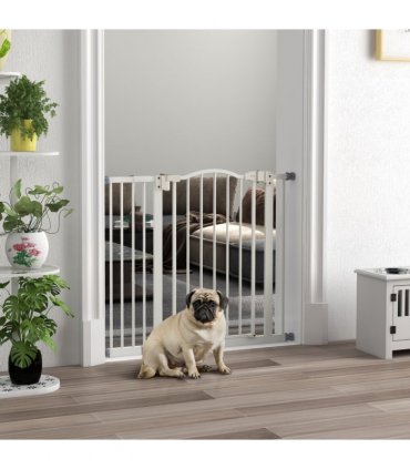 PawHut 74-94cm Adjustable Metal Pet Gate Safety Barrier w/ Auto-Close White