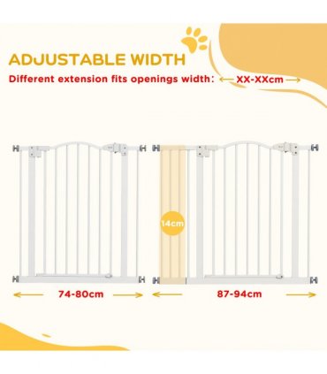 PawHut 74-94cm Adjustable Metal Pet Gate Safety Barrier w/ Auto-Close White