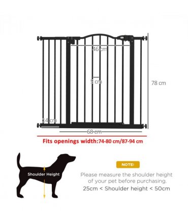PawHut 74-94cm Adjustable Metal Pet Gate Safety Barrier w/ Auto-Close Black