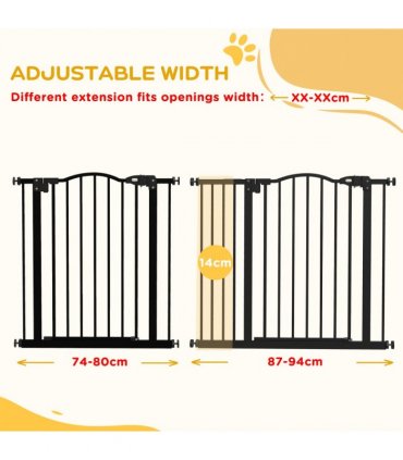 PawHut 74-94cm Adjustable Metal Pet Gate Safety Barrier w/ Auto-Close Black