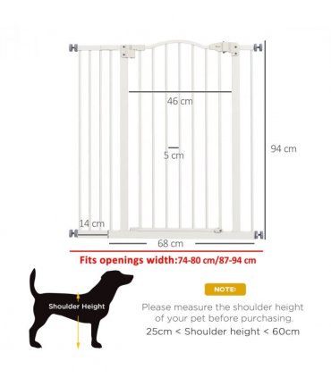 Pet Gate Metal Plastic White Adjustable 74-94cm Safety Barrier Auto-Close Door