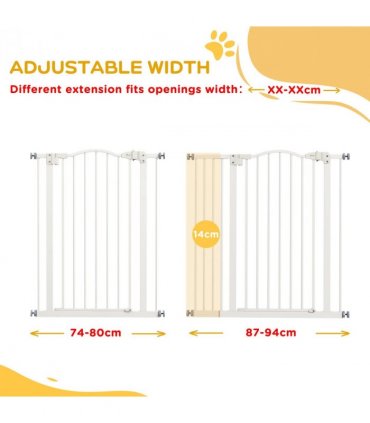 Pet Gate Metal Plastic White Adjustable 74-94cm Safety Barrier Auto-Close Door