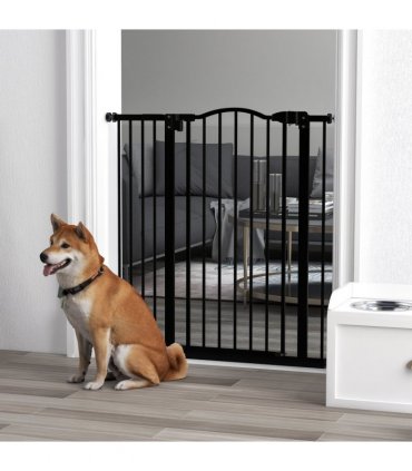 PawHut 74-94cm Adjustable Metal Pet Gate Safety Barrier w/ Auto-Close Door Black