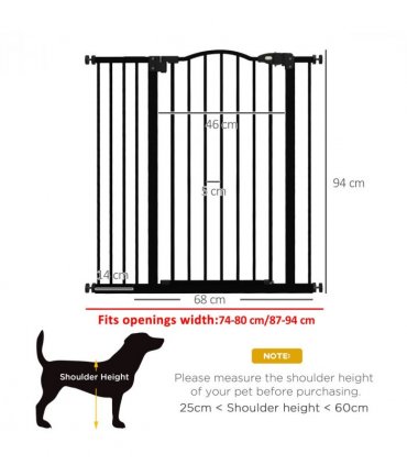 PawHut 74-94cm Adjustable Metal Pet Gate Safety Barrier w/ Auto-Close Door Black