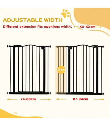 PawHut 74-94cm Adjustable Metal Pet Gate Safety Barrier w/ Auto-Close Door Black