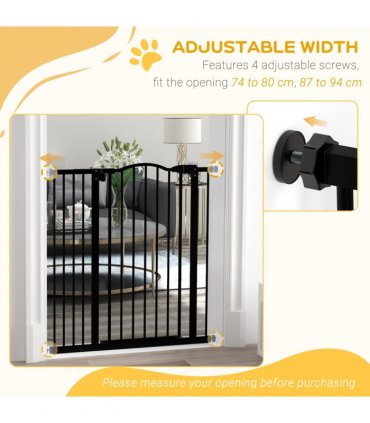 PawHut 74-94cm Adjustable Metal Pet Gate Safety Barrier w/ Auto-Close Door Black