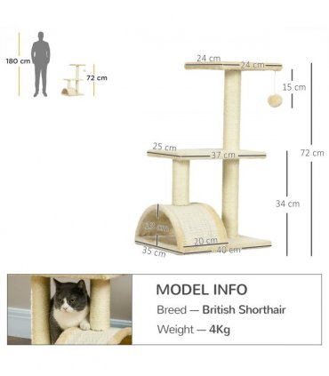 PawHut 72cm Cat Tree Climbing Tower with Sisal Scratching Post - Cream White