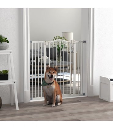 PawHut 74-100cm Adjustable Metal Pet Gate Safety Barrier w/Auto-Close Door White