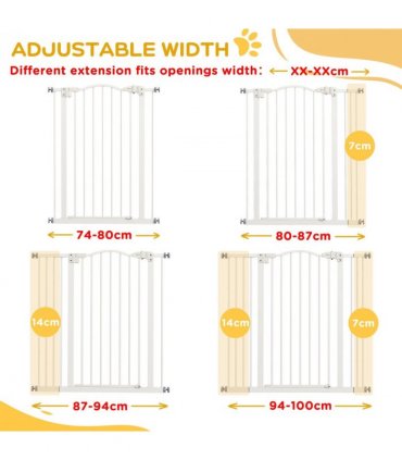 PawHut 74-100cm Adjustable Metal Pet Gate Safety Barrier w/Auto-Close Door White