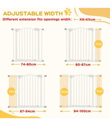 PawHut 74-100cm Adjustable Metal Pet Gate Safety Barrier w/ Auto-Close White