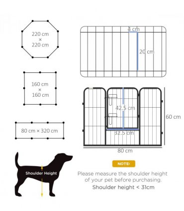 Pet Pen Black Metal 60H x 80Wcm 8 Panel Playpen for Miniature Small Dogs 160L