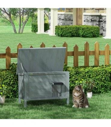 PawHut Outdoor Feral Cat House Insulated w/ Openable Roof - Charcoal Grey