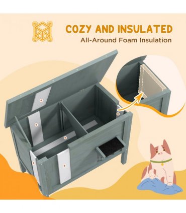 PawHut Outdoor Feral Cat House Insulated w/ Openable Roof - Charcoal Grey